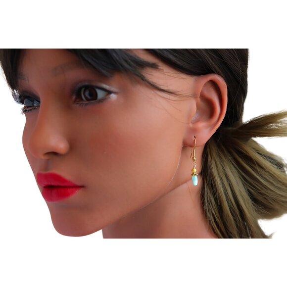 Teal Glass and Gold Earrings - Picture 3 of 4